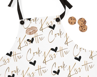 Delantal estético Kiss the Cook para mujer, delantal para hombre, delantal bonito con corazones y labios dorados, regalo de aniversario de San Valentín para parejas sexys y modernas