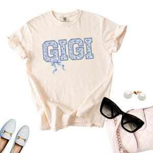 Gigi Blue Toile Shirt, Comfort Colors Tshirt Coquette Bow Tshirt, Grandma Mother' Day Gift Tee, Grandmother Birthday Christmas HannukahGift