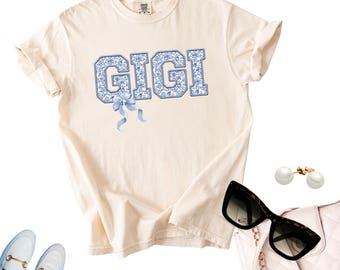 Camicia in tela blu Gigi, maglietta Comfort Colors con fiocco Coquette, maglietta regalo per la festa della mamma della nonna, regalo di compleanno della nonna per Natale e Hannukah