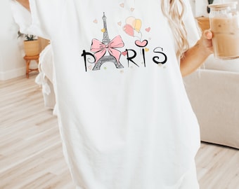 Koszulka Coquette Paris Aesthetic, Koszulka z kokardą z Wieżą Eiffla, Urocza koszulka z serduszkami w stylu francuskim dla kobiet, Koszulka w stylu paryskim na prezent dla niej