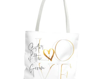 Sister of the Groom Tote Bag, Sis Love Present, wedding Gold Heart bridesmaid Rehearsal Dinner Bridal Wedding in laws stepsister gift
