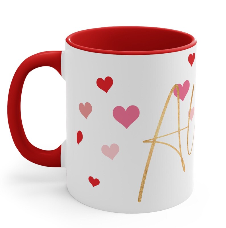 Love Coffee Mug, Hearts Teacup Gold Always Message. Valentines Day Tea