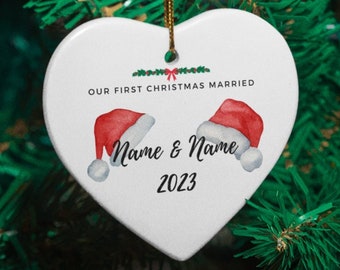 Personalized First Christmas Married Bauble Ceramic Heart Shape Decoration Ornament, Santa Hats, First Christmas Mr & Mrs Keepsake
