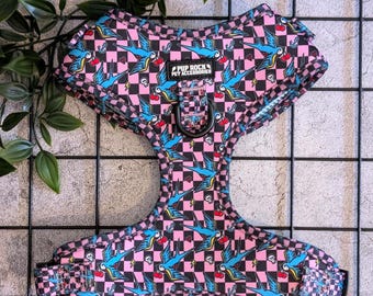 Pink and black checkerboard, swallow printed , fully adjustable dog harness with soft mesh lining