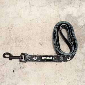 Può includere: Guinzaglio per cani nero e blu con un motivo a teschi e ossa incrociate. Il guinzaglio ha un moschettone in metallo nero e il testo "Pup Rock Pet Accessories" stampato su di esso.