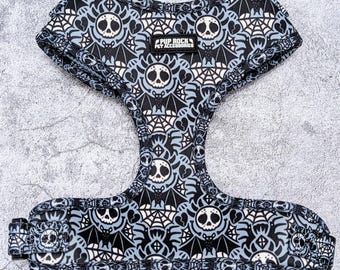 Alice, funky skull and bat print, fully adjustable dog harness with soft mesh lining