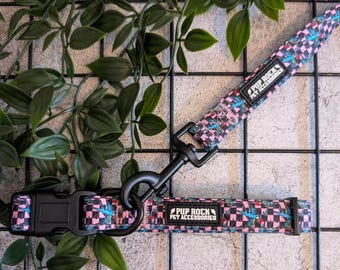 Pink checkerboard and swallow print, fully adjustable, soft,  neoprene lined, dog collar