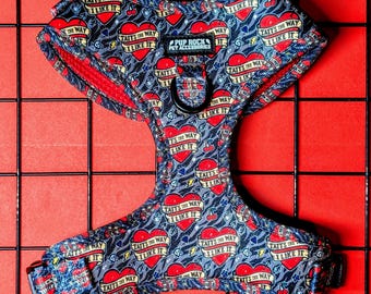 NEW "Tatts my Life" tattoo heart printed, fully adjustable dog harness with soft red mesh