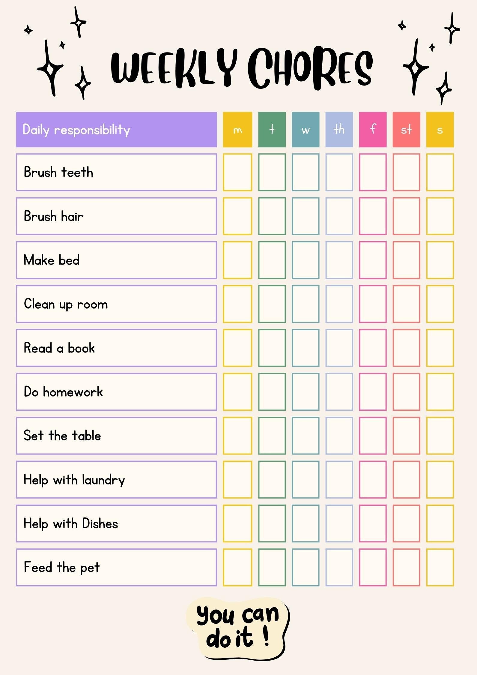 Kids Weekly Chores List Print - Etsy