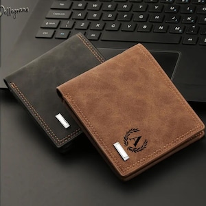 Portafoglio personalizzato in pelle vegana retrò per uomo, design sottile a due ante, porta carte e porta soldi, stile vintage, regalo di Natale, ecologico