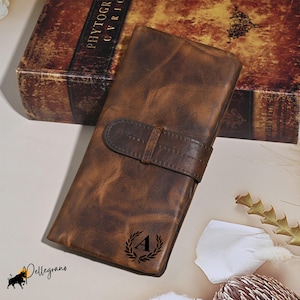 Cartera larga de cuero vintage personalizada: estilo británico, piel de Caballo Loco, cartera con nombre personalizado, regalo para él o ella, elegancia hecha a mano.