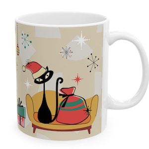 Atomic Cat Christmas Ceramic Mug, Unique Holiday Gift, Festive Cat Lover Mug, Colorful Cat Art Cup, Funny Cat Christmas Present, Whimsical