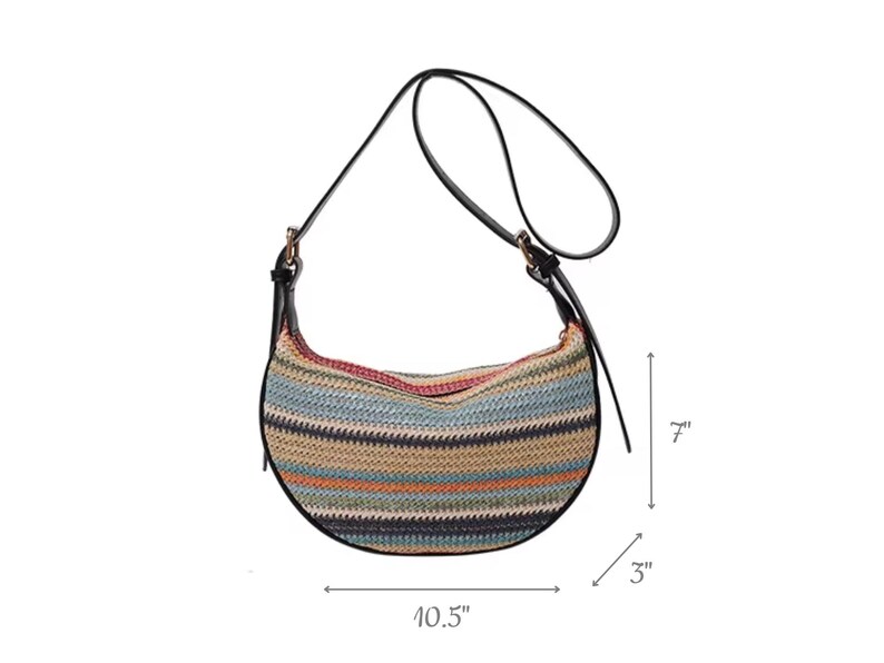 May include: A crescent-shaped shoulder bag with a woven, striped pattern in shades of blue, tan, and pink. The bag has a black leather strap and trim. The bag is 10.5 inches wide, 7 inches high, and 3 inches deep.
