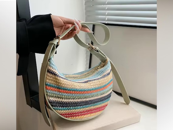 Small Striped Woven Crescent Bag, Colorful Straw Shoulder Bag, Adjustable Strap Half Moon Purse