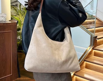 Suede Slouchy Shoulder Bag, Suedette Relaxed Hobo Purse, Soft Faux Suede Everyday Tote