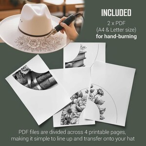 K&ouml;nnte beinhalten: Ein wei&szlig;er Fedora-Hut mit floralem Design wird mit einem Brennwerkzeug handgebrannt. Enthalten sind 2 PDF-Dateien (A4- und Letter-Gr&ouml;&szlig;e) zum Handbrennen. Die PDF-Dateien sind auf 4 bedruckbare Seiten aufgeteilt.