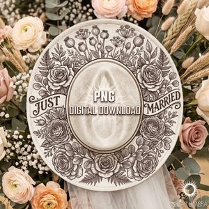 May include: A cream-colored hat with floral and botanical illustrations, the words "Just Married" and "PNG Digital Download" are printed on the hat. The hat is surrounded by flowers and greenery.