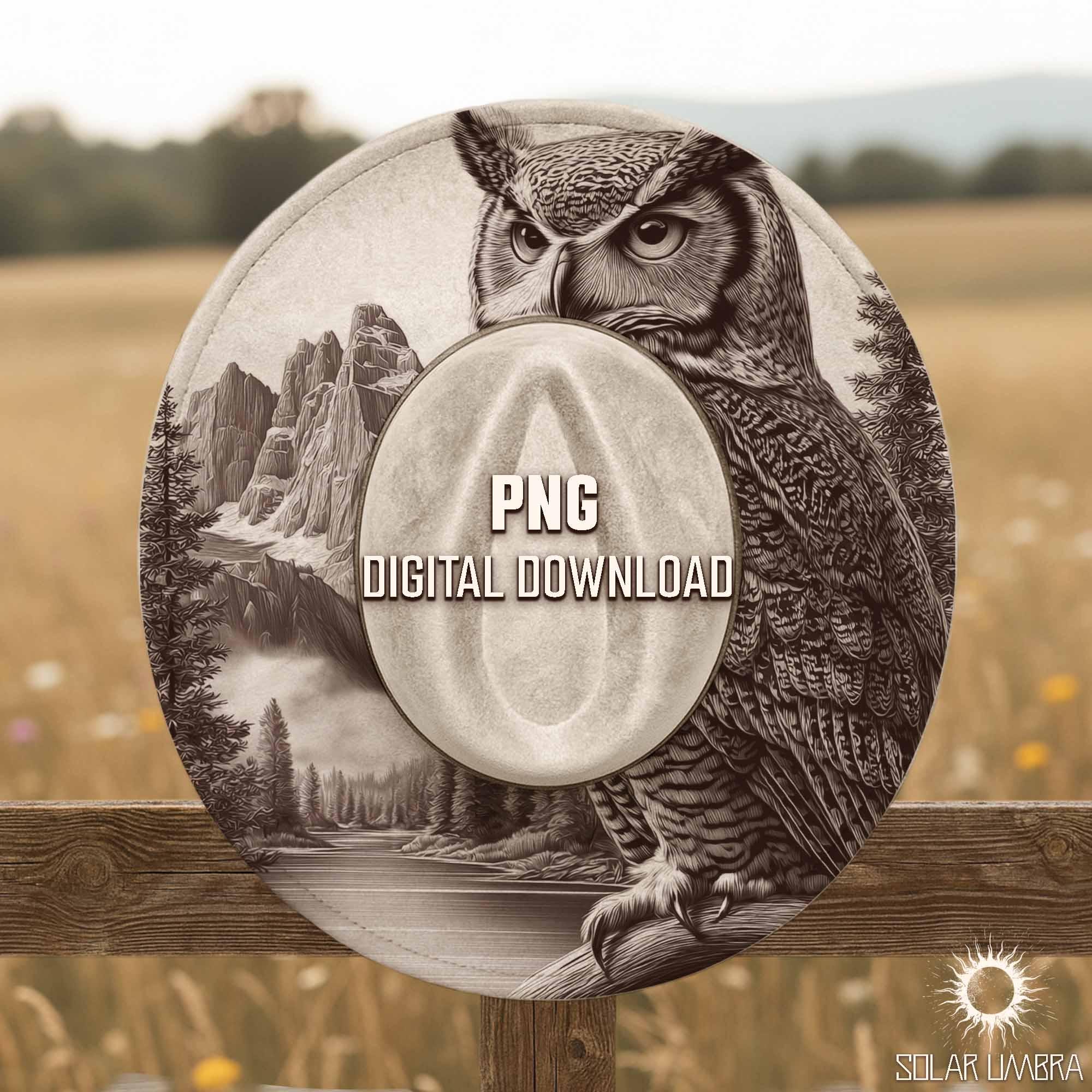 Owl and Mountains Laser Engraving Hat Burning Design, Wildlife Burned Hat Template, Western Nature S