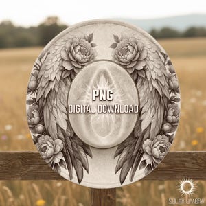 Könnte beinhalten: Digital gestalteter Hut mit floralem und Flügelmotiv. Der Hut hat ein zentrales Design mit dem Text "PNG DIGITAL DOWNLOAD". Die Flügel und Blumen sind in Sepia gehalten, mit hellem Hintergrund.