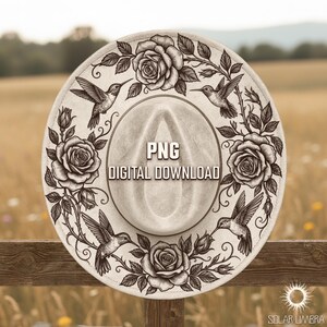 Puede incluir: Un sombrero color crema con un diseño floral y colibríes. El sombrero presenta rosas y colibríes en una ilustración detallada en tonos sepia. El texto "PNG DIGITAL DOWNLOAD" está centrado en el sombrero.