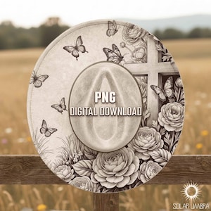 May include: A beige cowboy hat featuring a detailed floral and butterfly design. The hat has a cross and the text "PNG DIGITAL DOWNLOAD" printed on it. The hat is resting on a wooden fence.