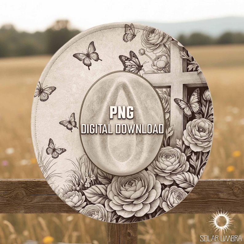May include: A beige cowboy hat featuring a detailed floral and butterfly design. The hat has a cross and the text "PNG DIGITAL DOWNLOAD" printed on it. The hat is resting on a wooden fence.