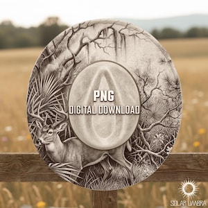 May include: A circular digital download graphic featuring a detailed illustration of a deer in a natural setting. The design includes a hat shape with the text "PNG DIGITAL DOWNLOAD". The artwork is in shades of gray and brown.