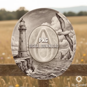 May include: Circular digital download graphic featuring a lighthouse on a cliff, a seagull in flight, and ocean waves. The image has a vintage engraving style with the text "PNG DIGITAL DOWNLOAD".