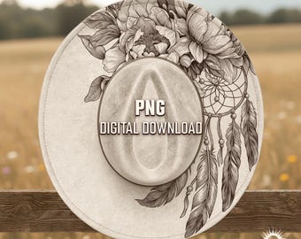 Floral Dreamcatcher Hat Burning Design, Wide Brim Hat Laser Engraving Template, Boho Flowers Art, Digital Download PNG PDF