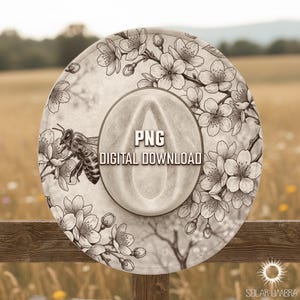 May include: A sepia-toned hat featuring a detailed illustration of a bee and cherry blossoms. The hat has a wide brim and a central indentation. The text "PNG DIGITAL DOWNLOAD" is printed on the hat.