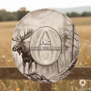 May include: A sepia-toned digital download image of a cowboy hat featuring a detailed illustration of a moose with large antlers standing in front of a forest scene. The hat has the text "PNG DIGITAL DOWNLOAD" in the center.
