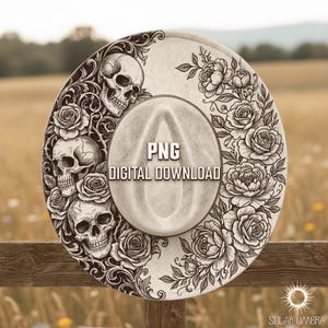 May include: A light-colored cowboy hat with a detailed design featuring skulls and roses. The hat has a wide brim and a central indentation. The text "PNG DIGITAL DOWNLOAD" is visible on the hat.