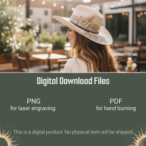 K&ouml;nnte beinhalten: Ein cremefarbener Hut mit breiter Krempe und floralem Design. Der Hut hat ein dekoratives Band und eignet sich zum Lasergravieren und Handbrennen. Das Bild enth&auml;lt auch den Text "Digital Download Files".
