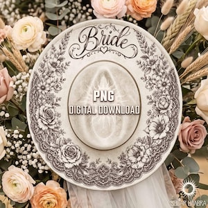 May include: A cream-colored hat with the word "Bride" in elegant script. The hat is adorned with a floral design around the brim and the text "PNG DIGITAL DOWNLOAD". The background features an arrangement of flowers in shades of pink and cream.
