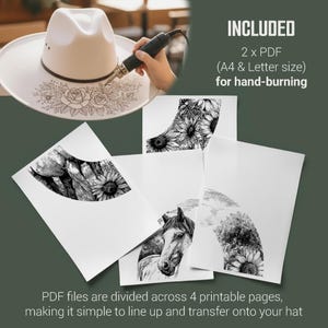 Horse and Sunflowers Hat Burning Stencil, Cowgirl Hat Burning Template, Laser Engraving Digital File, Rustic Pyrography Pattern, PNG & PDF image 4