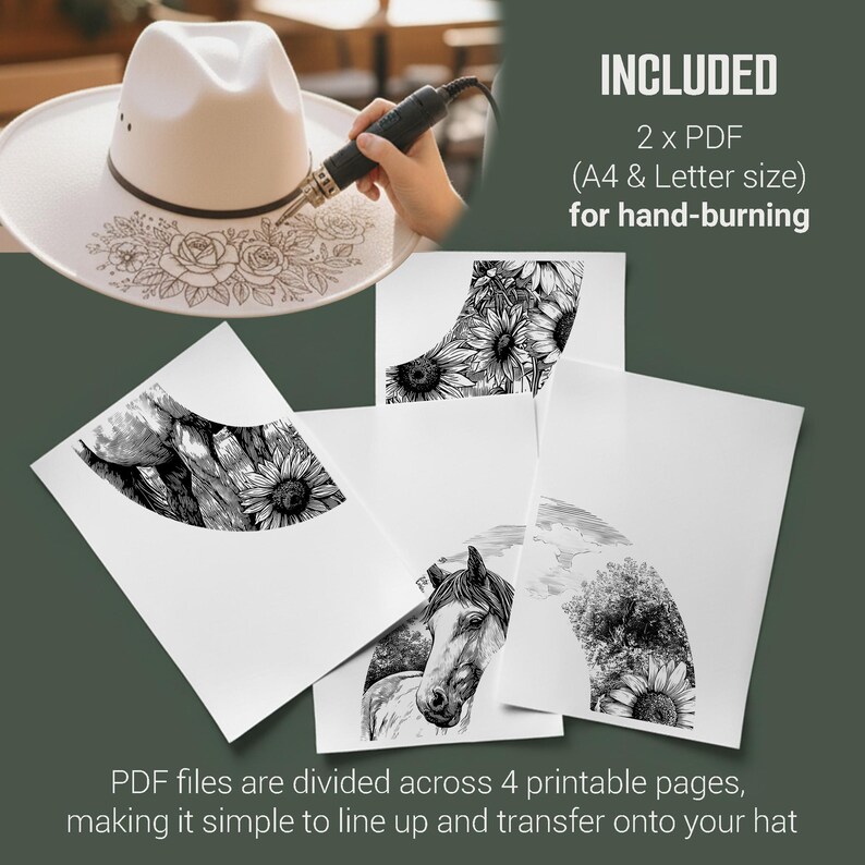 Horse and Sunflowers Hat Burning Stencil, Cowgirl Hat Burning Template, Laser Engraving Digital File, Rustic Pyrography Pattern, PNG & PDF image 4
