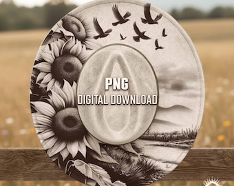 Sunflower Field with Birds Hat Design, Hat Burning Stencils, Brim PNG Template, Wide Brim Fedora Engraving, Digital Laser Hat Burning File