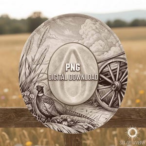 May include: A digital download image featuring a detailed illustration of a cowboy hat, a pheasant, and a wagon wheel. The image is in grayscale with the text "PNG DIGITAL DOWNLOAD". The background shows a rural landscape.