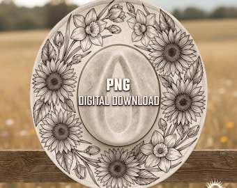 Sunflower and Daffodil Hat Burning Design, Fedora Hat Laser Engraving Template, Botanical Floral Wreath Brim Art, Digital Download PNG PDF
