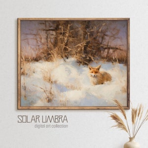 Winter Fox Oil Landscape Digital Print Christmas Painting Vintage Printable Art Fox Art Print