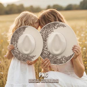 Puede incluir: Dos sombreros de vaquero color crema con diseños florales y de encaje. Los sombreros se sostienen frente a dos personas. Los sombreros tienen un ala ancha y una corona central. La imagen incluye el texto "PNG DIGITAL DOWNLOAD".