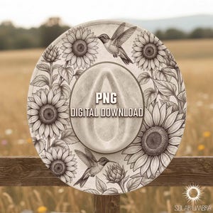 Puede incluir: Sombrero de diseño digital con un patrón de girasoles y colibríes. El sombrero es de color gris claro con un ala ancha y una hendidura central. El texto "PNG DIGITAL DOWNLOAD" está impreso en el sombrero.