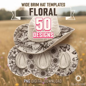 Op de afbeelding: Een verzameling breedgerande hoeden met bloemmotieven. De hoeden tonen gedetailleerde zwart-wit illustraties van bloemen en vlinders. De afbeelding bevat de tekst "FLORAL 50 DESIGNS" en "PNG DIGITAL DOWNLOAD".