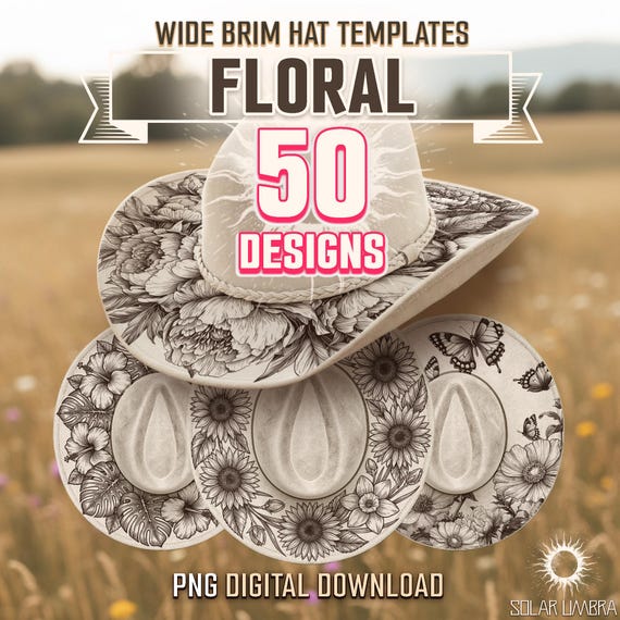 50 Floral Bundle Hat Burning Designs, Wide Brim Hat Laser Engraving Template, Digital Download PNG PDF