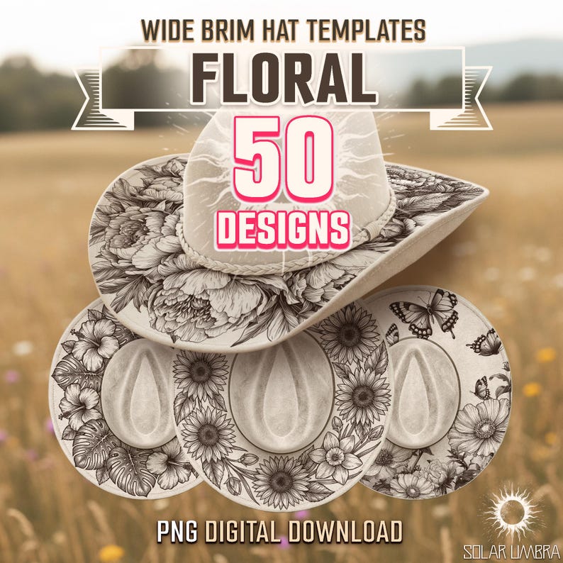 Op de afbeelding: Een verzameling breedgerande hoeden met bloemmotieven. De hoeden tonen gedetailleerde zwart-wit illustraties van bloemen en vlinders. De afbeelding bevat de tekst "FLORAL 50 DESIGNS" en "PNG DIGITAL DOWNLOAD".