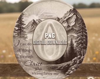 Faith Mountain PNG, Christian Western Engraving Hat Burning Design With Sun Rays And Bible Verse, I Can Do All Things Through Christ