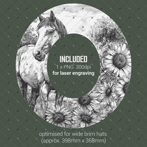 Horse and Sunflowers Hat Burning Stencil, Cowgirl Hat Burning Template, Laser Engraving Digital File, Rustic Pyrography Pattern, PNG & PDF image 3