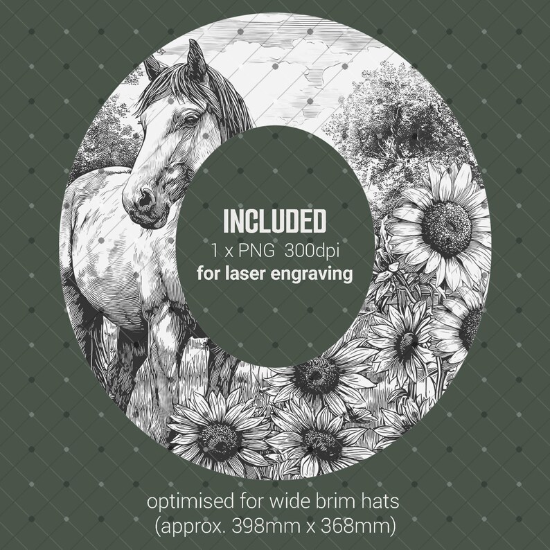 Horse and Sunflowers Hat Burning Stencil, Cowgirl Hat Burning Template, Laser Engraving Digital File, Rustic Pyrography Pattern, PNG & PDF image 3