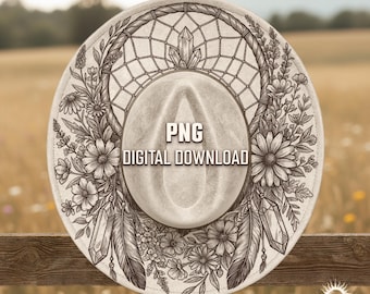 May include: A cream-coloured hat with a detailed black and white dreamcatcher design, flowers, and feathers. The hat features the text "PNG DIGITAL DOWNLOAD". The hat is a bohemian style.