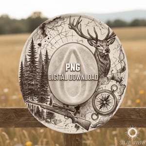 May include: A digitally designed cowboy hat with a hunting theme. The hat features a deer, a rifle, a compass, and a map design. The text "PNG DIGITAL DOWNLOAD" is displayed on the hat.